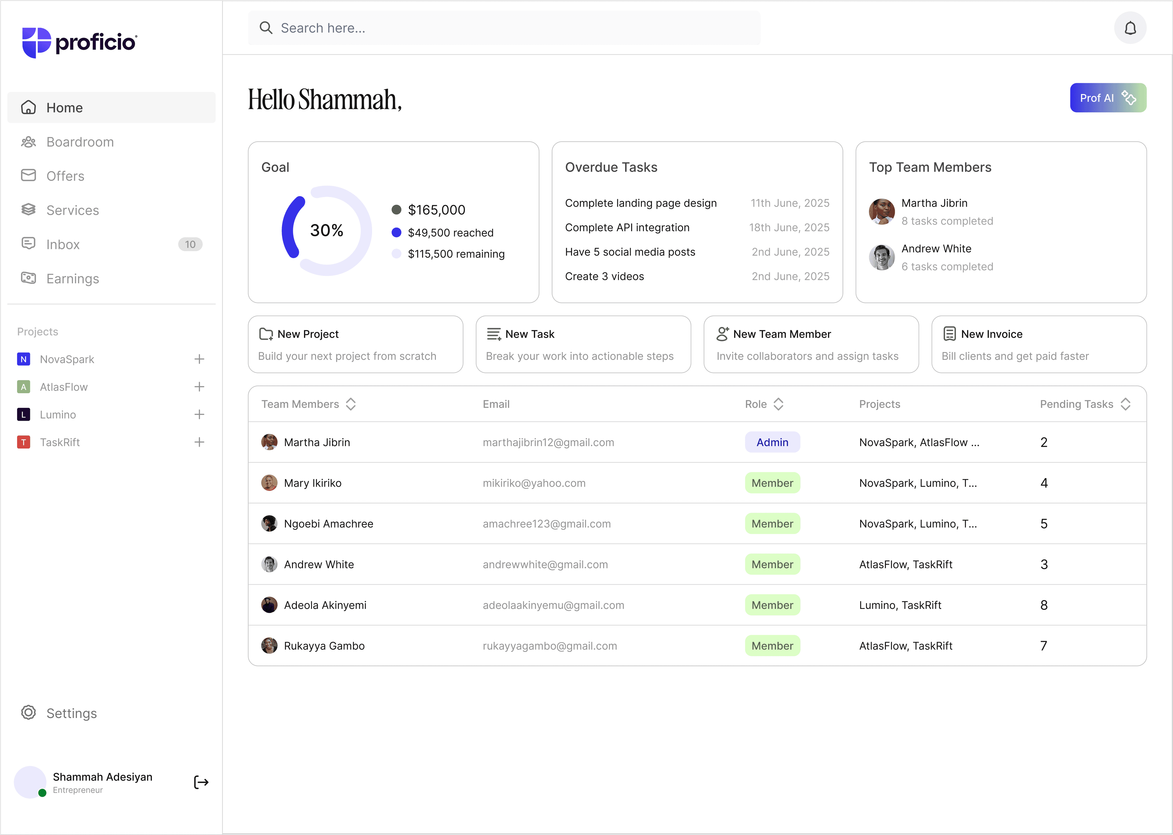 A screenshot of the Proficiohq digital operating system dashboard displaying team members, projects and other tools you need to transform from a freelancer to a full fledged entrepreneur.
